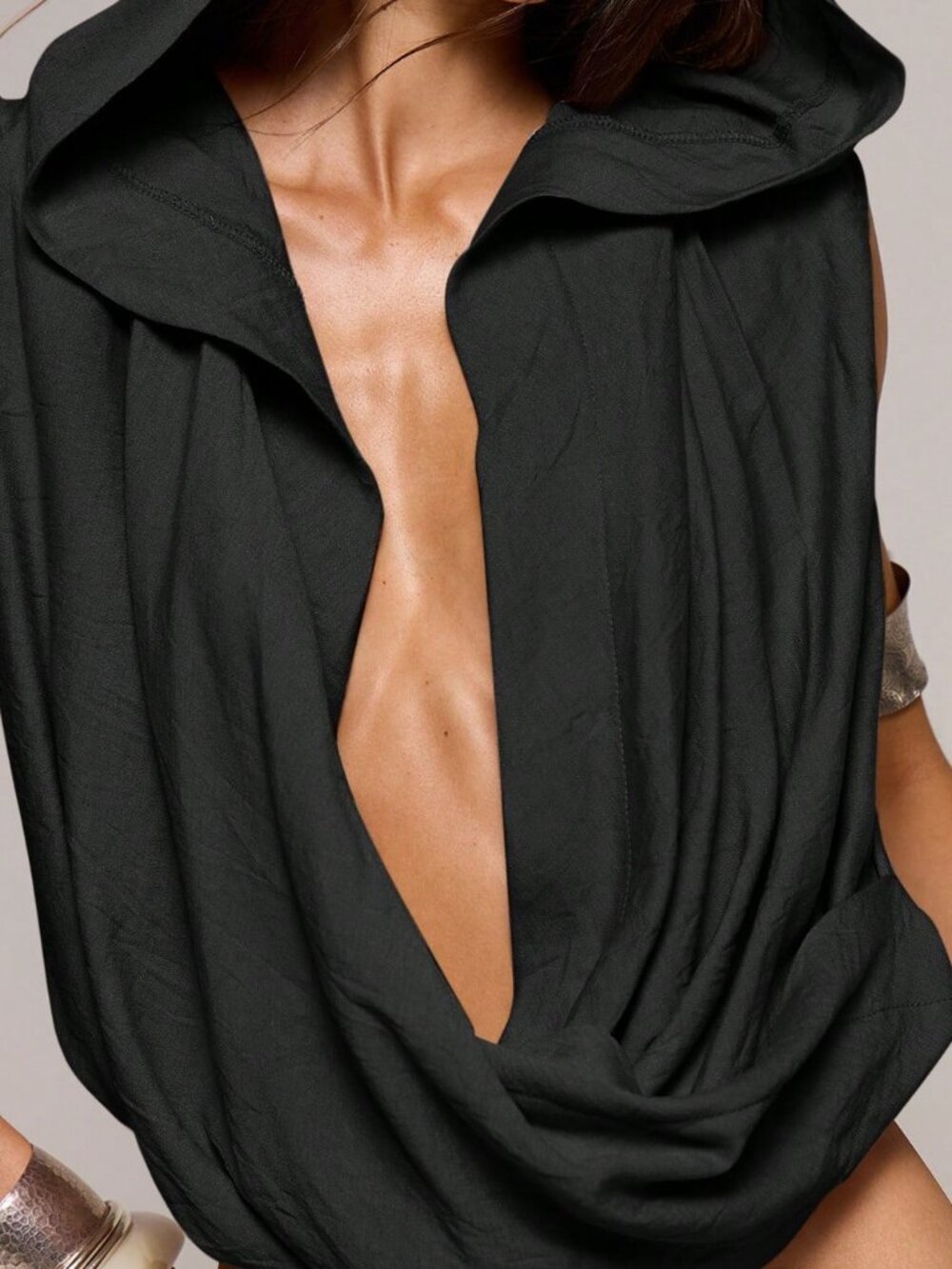 Black Sexy Women's Textured Cowl Plunge Hooded Top Night Out - Picture 2 of 6